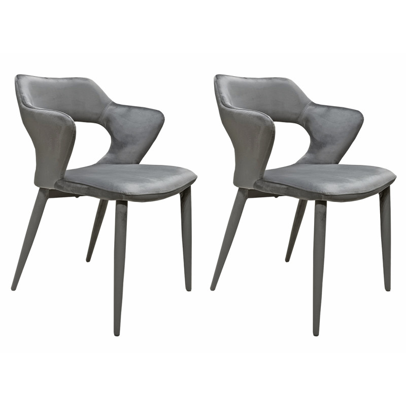 Lot de 2 chaises de repas en velours doux gris foncé avec accoudoirs et piètement velours  -  SWEET