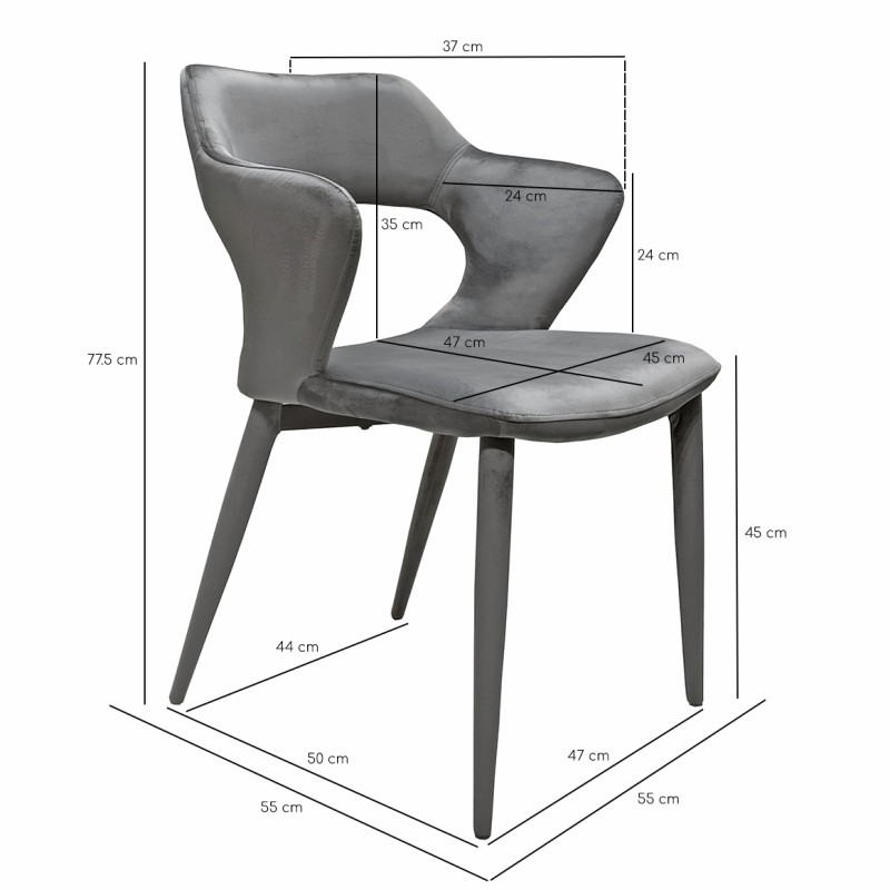 Chaise de repas en velours doux gris foncé avec accoudoirs et piètement velours - SWEET
