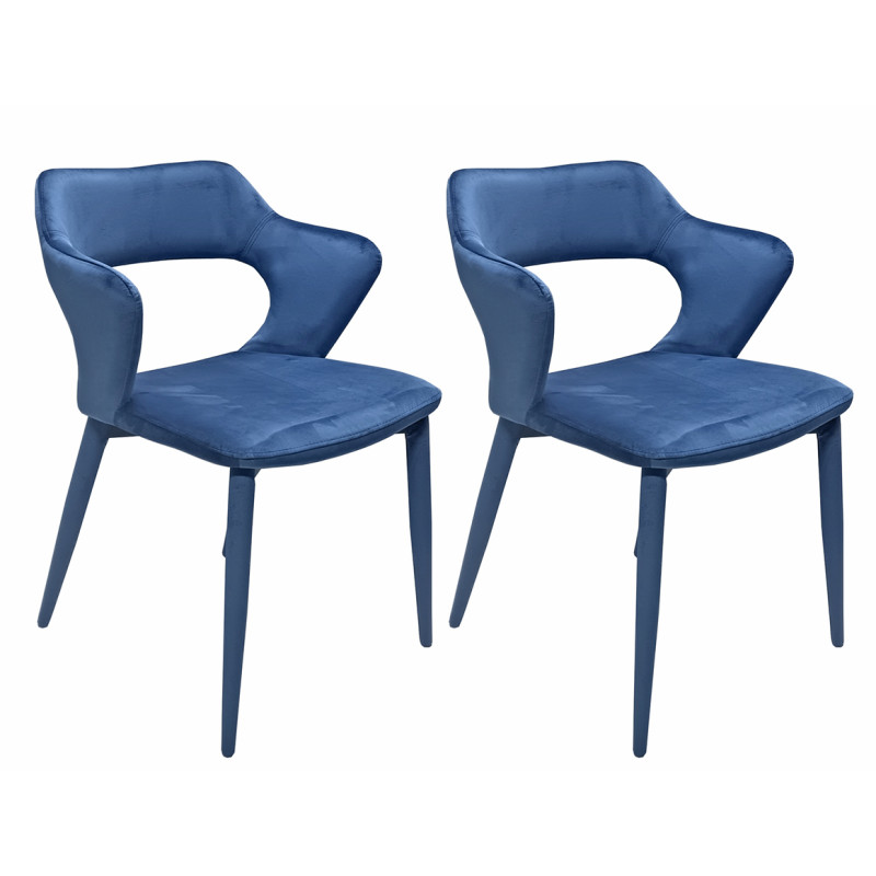 Lot de 2 chaises de repas en velours doux bleu avec accoudoirs et piètement velours - SWEET