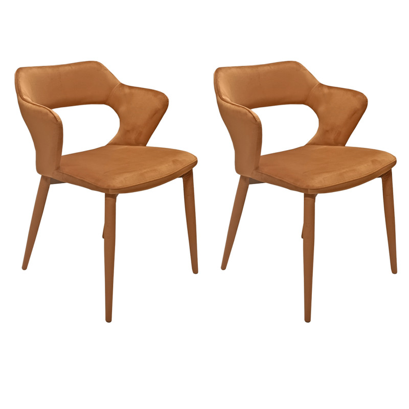 Lot de 2 chaises de repas en velours doux orange camel avec accoudoirs et piètement velours -  SWEET