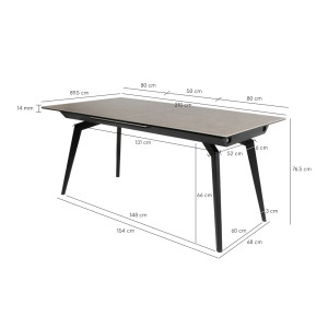 Table extensible en céramique gris 160 / 210 cm et piètement en métal noir - CAMILIA