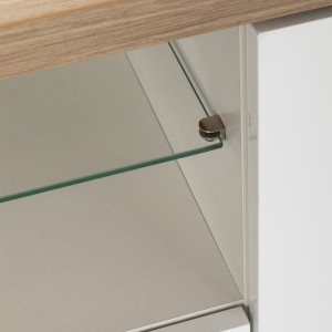 Buffet 2 portes 3 tiroirs finition chêne clair texturé et blanc laqué avec poignées métal blanc laqué - VERONICA