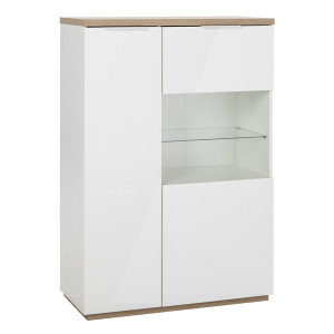 Buffet vitré 2 portes 3 tiroirs finition chêne clair texturé et blanc laqué avec poignées métal blanc  - VERONICA