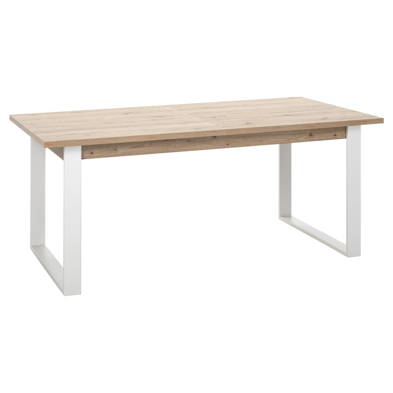 Table de repas extensible 180/240 cm finition chêne clair texturé avec piètement luge en métal blanc - VERONICA