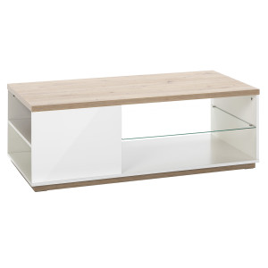 Table basse avec étagère en verre finition chêne clair texturé et blanc laqué 123 x 43 x 60 cm - VERONICA