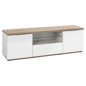 Meuble TV 3 portes 1 étagère en verre finition chêne clair texturé et blanc laqué avec poignées métal blanc - VERONICA