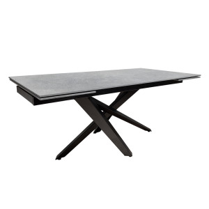 Table de repas extensible 180/260 cm plateau en céramique gris effet béton et pieds croisés métal noir - OPUS