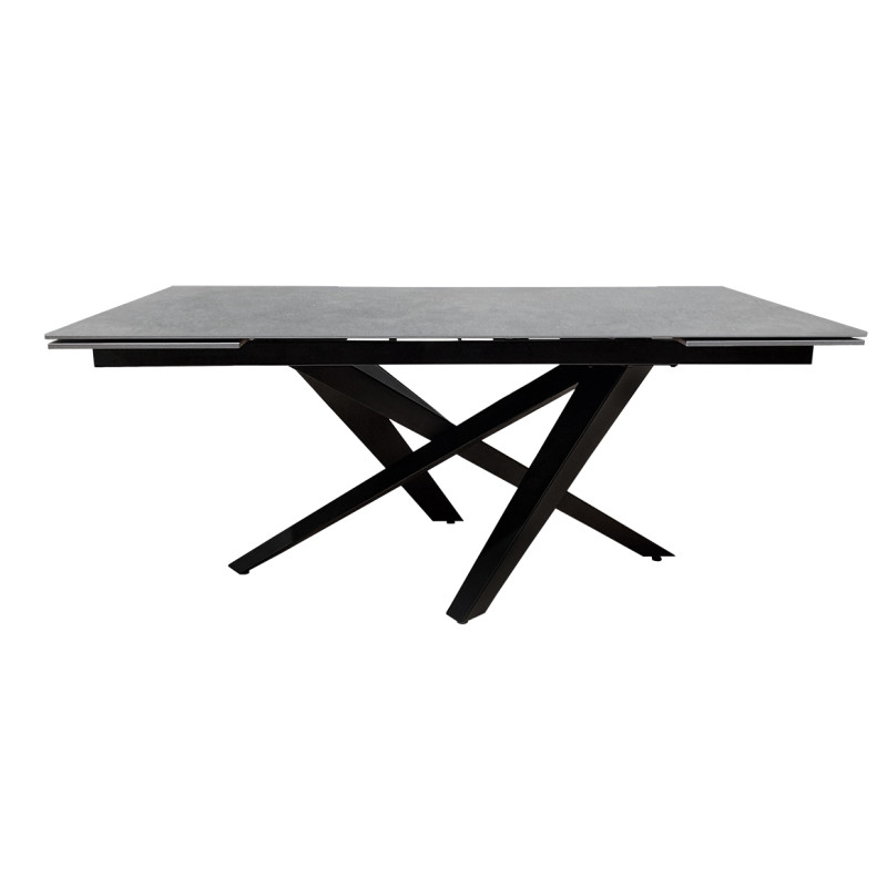 Table de repas extensible 180/260 cm plateau en céramique gris effet béton et pieds croisés métal noir - OPUS