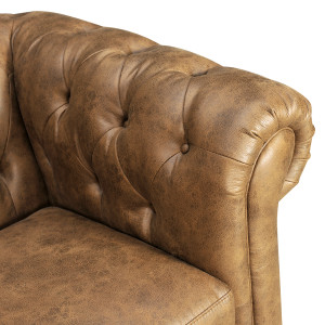 Canapé Chesterfield 3 places en simili marron effet cuir vieilli capitonné pieds bois - Classique vintage anglais - LORD