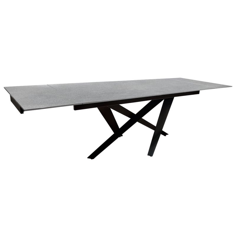 Table de repas extensible 180/260 cm plateau en céramique gris effet béton et pieds croisés métal noir - OPUS