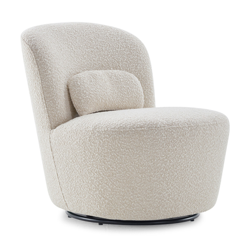 Fauteuil rond pivotant à 360° en tissu bouclette doux écru avec un coussin - moderne cocooning - DAMIEN