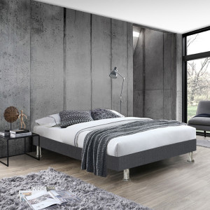 Pack Lit Sommier en Tissu Gris Anthracite avec Piètements et Matelas 90 x 190 cm Inclus - REMIMOS