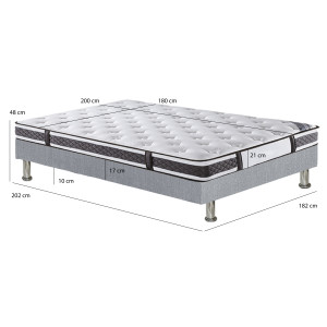 Pack Lit Sommier en Tissu Gris Clair avec Piètements et Matelas 180 x 200 cm Inclus - REMIMOS