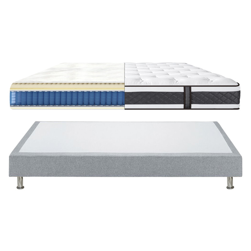 Pack Lit Sommier en Tissu Gris Clair avec Piètements et Matelas 180 x 200 cm Inclus - REMIMOS