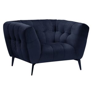 Fauteuil velours bleu nuit capitonné avec piètement métal noir - BRIO