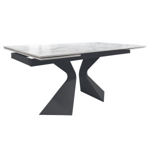 Table de repas extensible 160/240 cm plateau céramique blanc marbré et pieds évasés incurvés métal gris - DAFFY