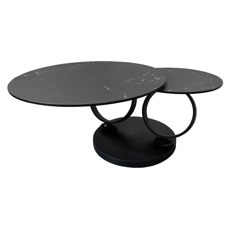 Table basse 2 plateaux ronds rotatifs en céramique gris anthracite marbré et pieds métal noir - SHIVA