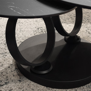 Table basse 2 plateaux ronds rotatifs en céramique gris anthracite marbré et pieds métal noir - SHIVA