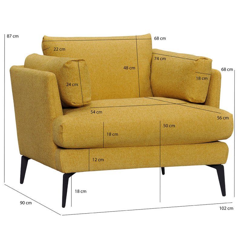Fauteuil avec Coussins Déhoussables Revêtement en Tissu Chiné Jaune et Pieds en Métal Noir - BOON