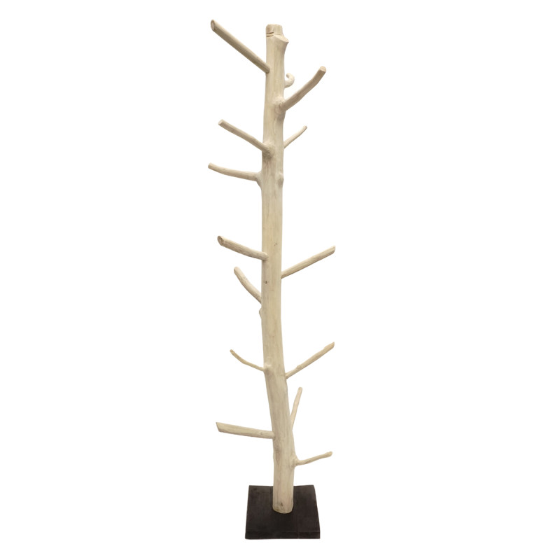 Porte-manteau arbre en bois de teck brut blanchi 200 cm avec socle carré en bois noir - EOLE