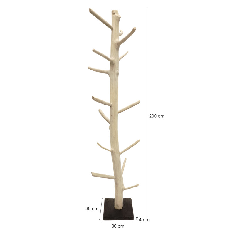 Porte-manteau arbre en bois de teck brut blanchi 200 cm avec socle carré en bois noir - EOLE