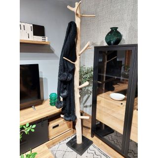 Porte-manteau arbre en bois de teck 200 cm socle en bois noir - EOLE