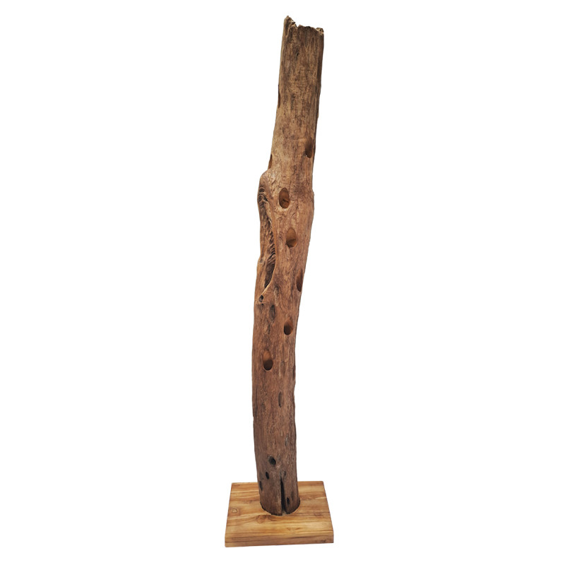 Range-bouteilles tronc d'arbre en teck brut 180 cm avec socle carré - décoration naturelle bord de mer - TOKELA