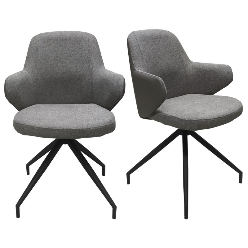 Lot de 2 Chaises Rotatives 180° avec Accoudoirs en Tissu Chiné et Simili Gris Pieds en Métal Noir - DUFFY