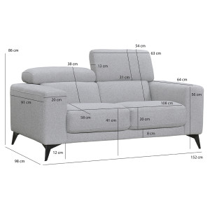 Canapé 2 places avec tissu chiné gris clair, pieds en métal noir et têtières inclinables - SHANKS