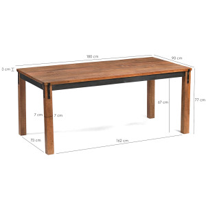 Table de repas rectangulaire 180 cm en bois de manguier et métal gris anthracite aspect vieilli - RUST