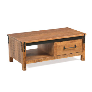 Table basse 112 cm 1 niche 1 tiroir en bois de manguier et métal gris anthracite aspect vieilli - RUST
