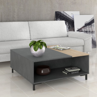 Table Basse 2 Niches Finition Béton Gris et Chêne Clair avec Pieds Métal Noir - MADDY