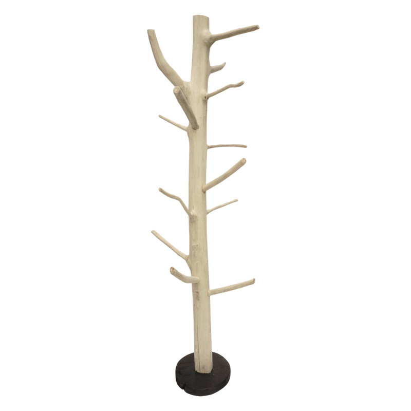 Porte-manteau en bois de teck brut blanchi 180 cm et socle rond noir - naturel bord de mer - NAO