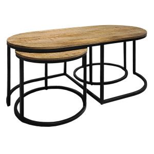 Set de 3 Tables Gigognes avec Plateaux en Bois de Manguier Massif et Pieds Métal Noir - MANHO
