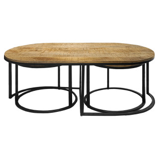 Set de 3 Tables Gigognes avec Plateaux en Bois de Manguier Massif et Pieds Métal Noir - MANHO