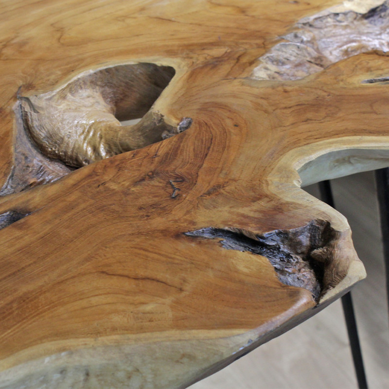 Table de Bar L.163 cm en Bois de Teck avec 3 Pieds Filaire en Métal Noir - Style Naturel et Exotique - GEPETTO