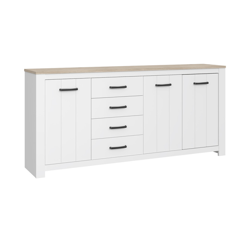 Buffet 206 cm 3 portes 4 tiroirs blanc mat et plateau décor bois clair avec poignées noires - Collection LEANE