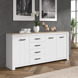 Buffet 206 cm 3 portes 4 tiroirs blanc mat et plateau décor bois clair avec poignées noires - Collection LEANE