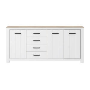 Buffet 206 cm 3 portes 4 tiroirs blanc mat et plateau décor bois clair avec poignées noires - Collection LEANE