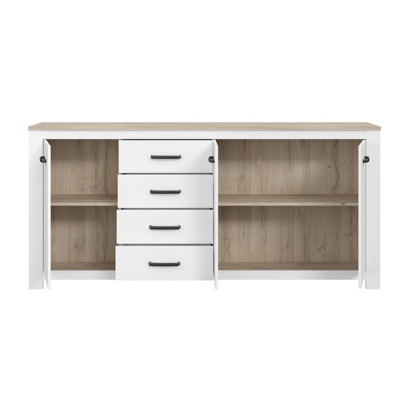 Buffet 206 cm 3 portes 4 tiroirs blanc mat et plateau décor bois clair avec poignées noires - Collection LEANE