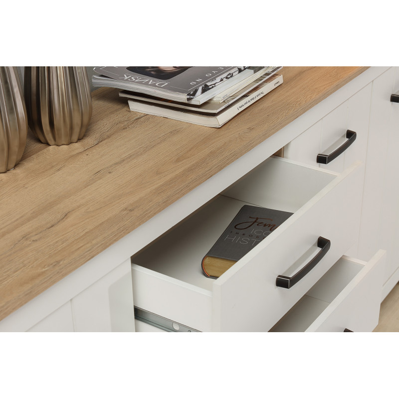 Buffet 206 cm 3 portes 4 tiroirs blanc mat et plateau décor bois clair avec poignées noires - Collection LEANE