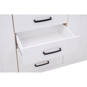 Buffet 206 cm 3 portes 4 tiroirs blanc mat et plateau décor bois clair avec poignées noires - Collection LEANE