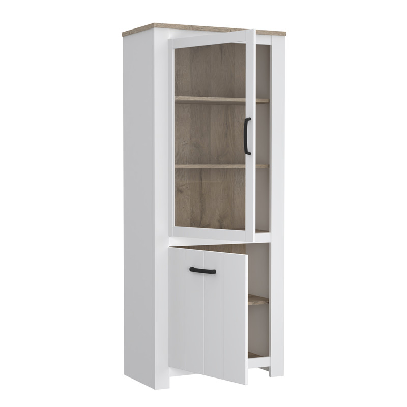 Colonne vitrine ouverture gauche 2 portes blanc mat et décor bois clair avec poignées noires - Collection LEANE