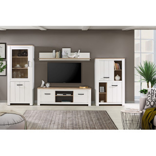 Vaisselier vitrine 2 portes 4 niches blanc mat et décor bois clair avec poignées noires - Collection LEANE