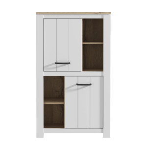 Vaisselier vitrine 2 portes 4 niches blanc mat et décor bois clair avec poignées noires - Collection LEANE