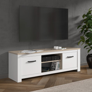 Meuble TV 2 portes 2 niches blanc mat et plateau décor bois clair avec poignées noires - Collection LEANE