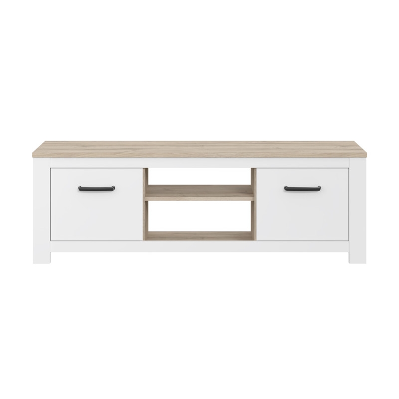 Meuble TV 2 portes 2 niches blanc mat et plateau décor bois clair avec poignées noires - Collection LEANE