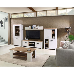 Meuble TV 2 portes 2 niches blanc mat et plateau décor bois clair avec poignées noires - Collection LEANE