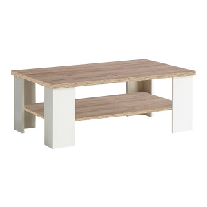 Table basse rectangulaire 107 cm blanc mat et 2 plateaux décor bois clair - Collection LEANE