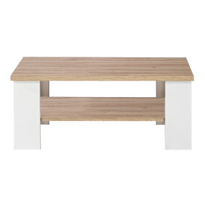 Table basse rectangulaire 107 cm blanc mat et 2 plateaux décor bois clair - Collection LEANE